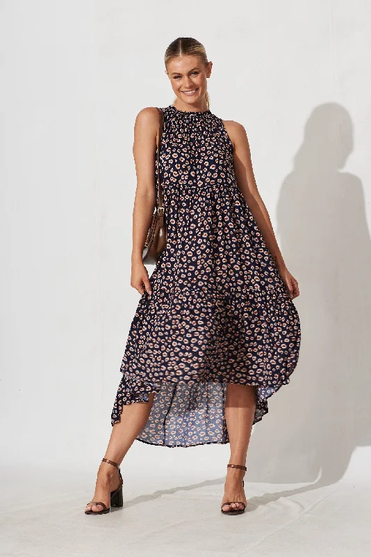 Abbotsford Midi Smock Dress In Navy With Leopard Print