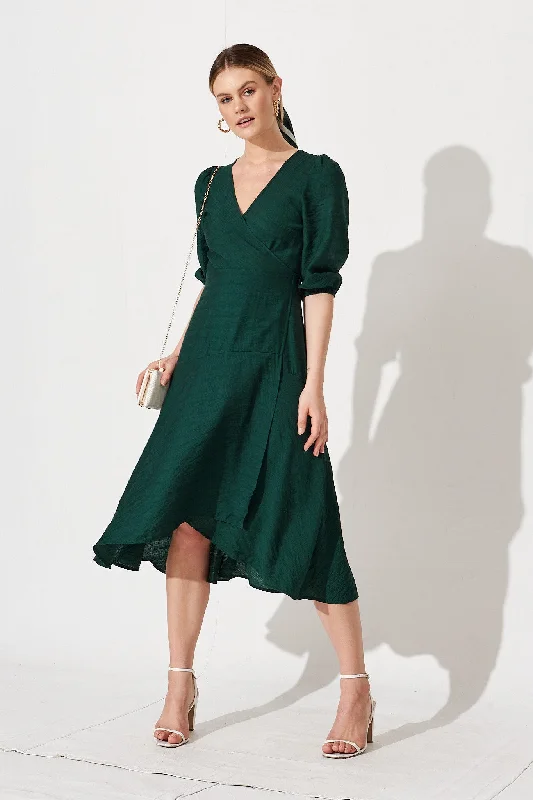 Acacia Wrap Midi Dress in Emerald Green