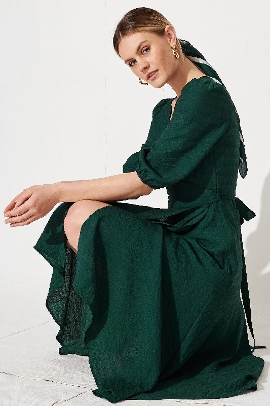 Acacia Wrap Midi Dress in Emerald Green