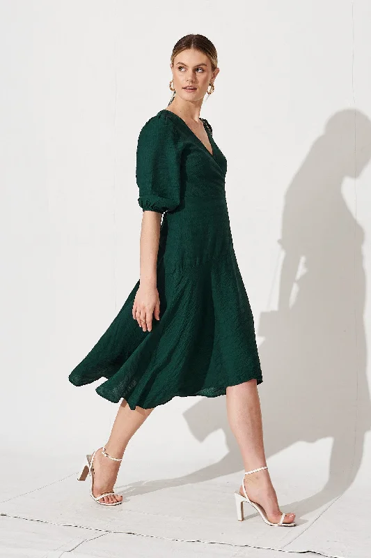 Acacia Wrap Midi Dress in Emerald Green