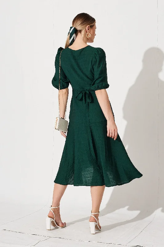 Acacia Wrap Midi Dress in Emerald Green