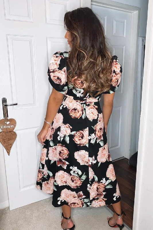 Black Rose Printed Wrap Midi Dress