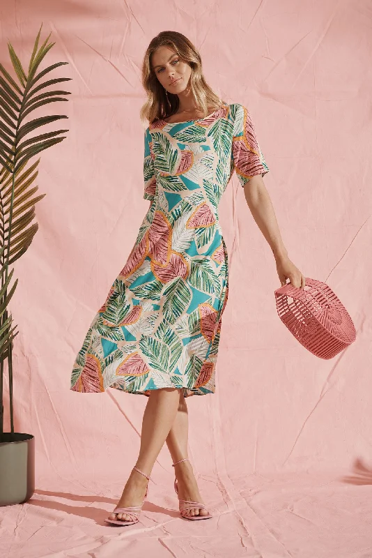 Chambery Midi Dress In Green Multi Leaf Print