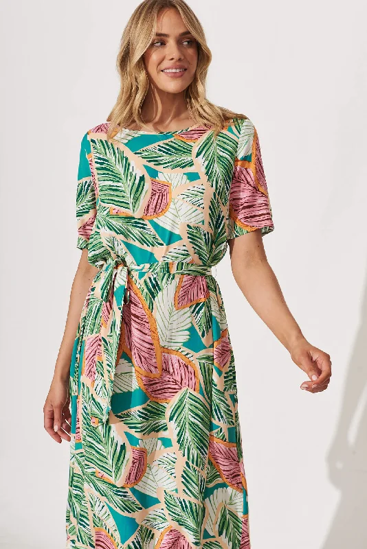 Chambery Midi Dress In Green Multi Leaf Print