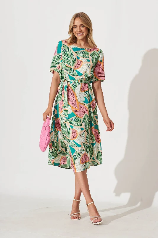 Chambery Midi Dress In Green Multi Leaf Print