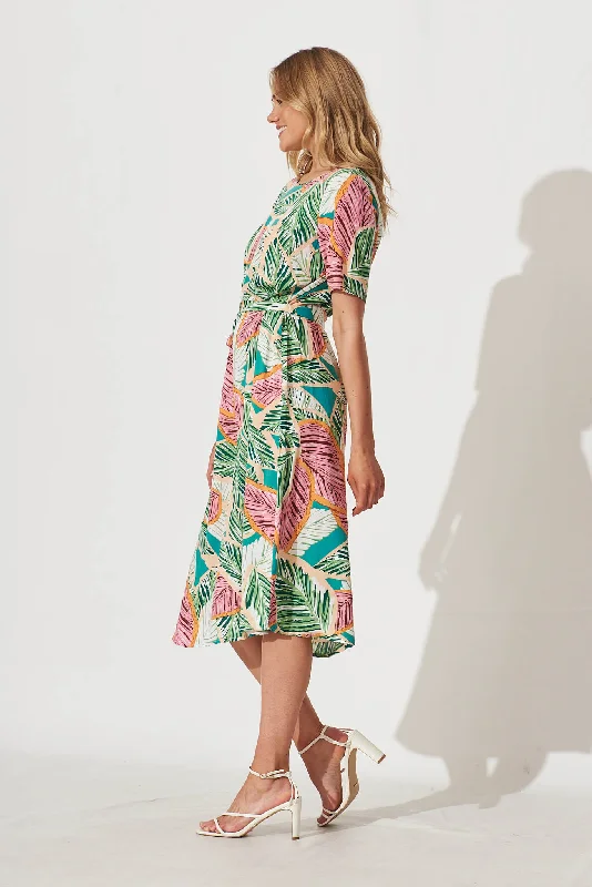 Chambery Midi Dress In Green Multi Leaf Print