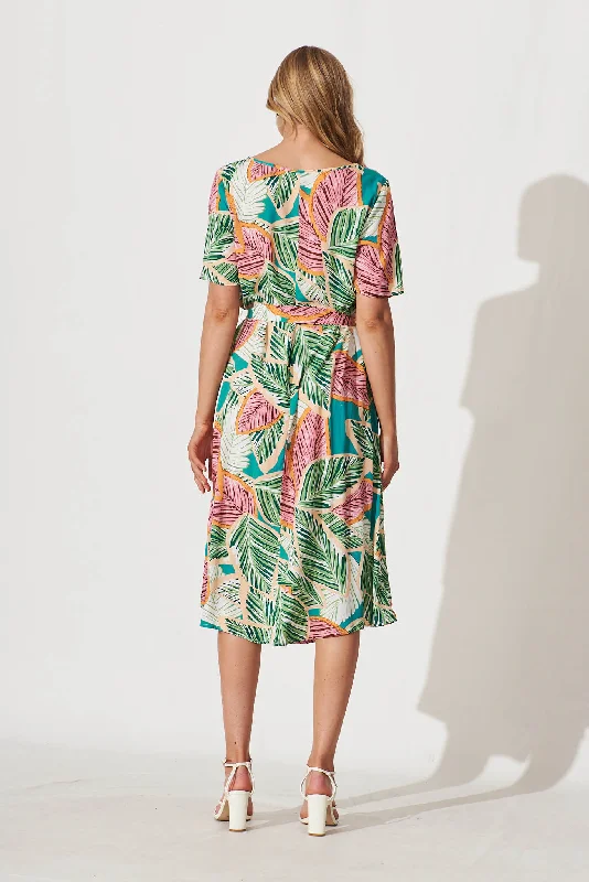 Chambery Midi Dress In Green Multi Leaf Print