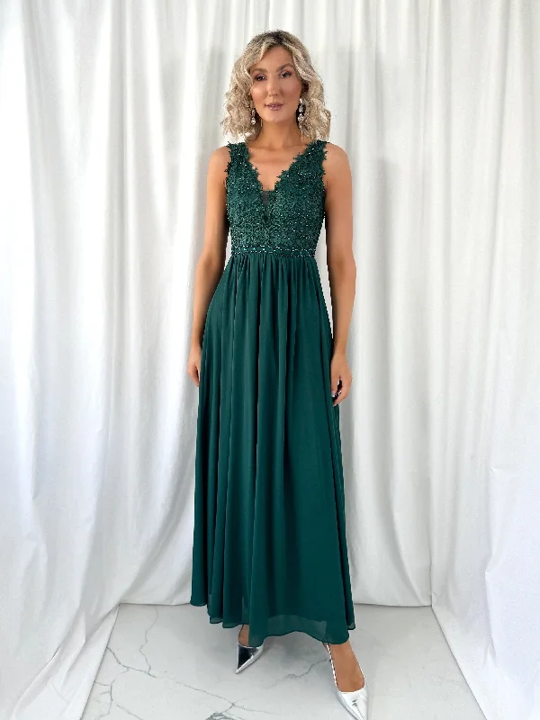 Laetitia Maxi Dress with Embroidered Top - Dark Green