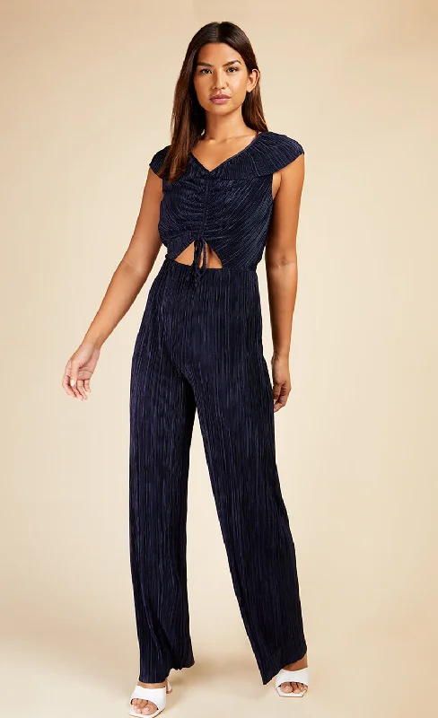 Navy Plisse Tie Detail Jumpsuit by Vogue Williams