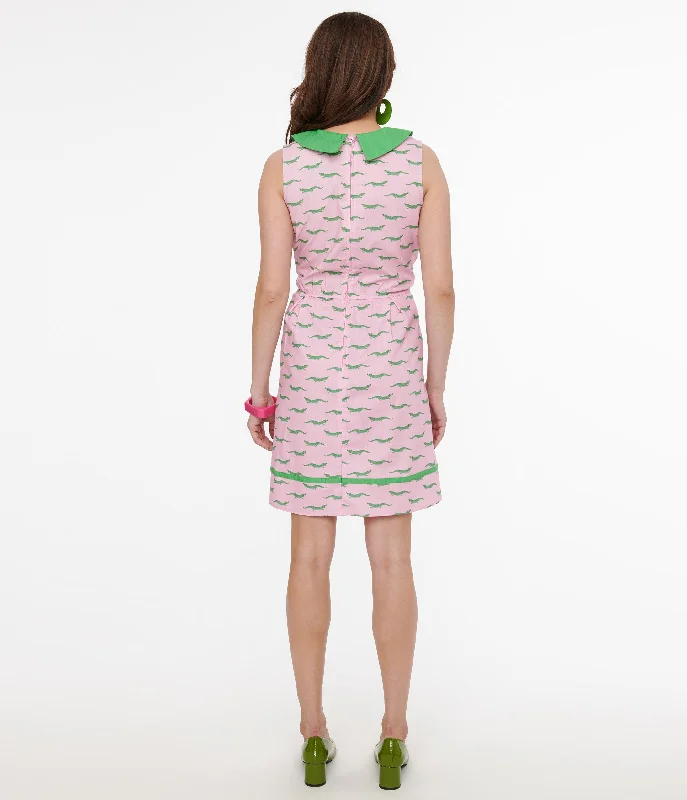 Retrolicious 1960s Pink & Green Alligator Fit & Flare Cotton Dress