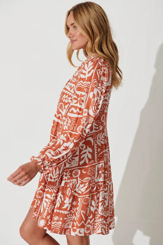 Solana Smock Dress In Rust With White Print