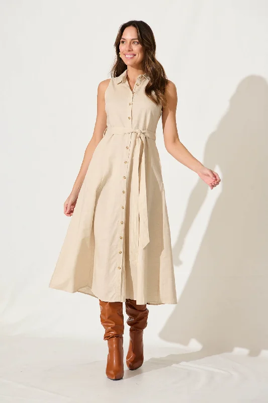 Thalia Maxi Shirt Dress In Oatmeal Cotton Blend