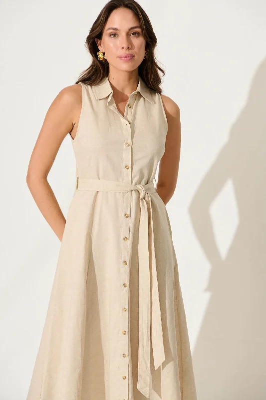 Thalia Maxi Shirt Dress In Oatmeal Cotton Blend