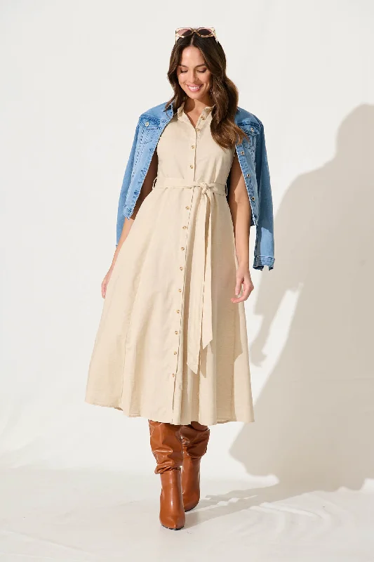 Thalia Maxi Shirt Dress In Oatmeal Cotton Blend