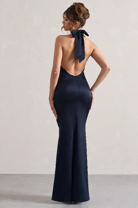 Unbeatable | Navy Satin Cross Over Halterneck Maxi Dress