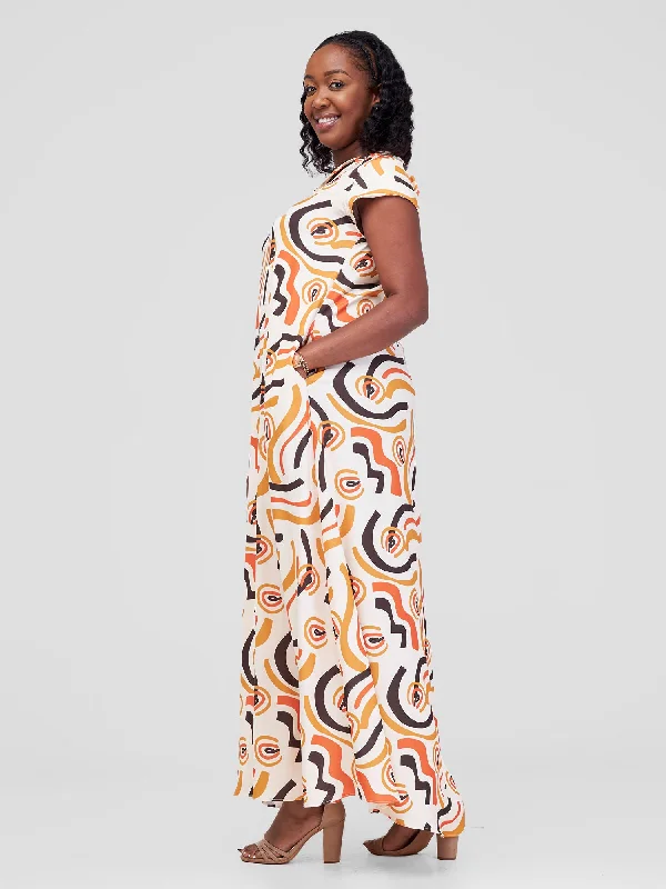 Vivo Zola V Neck Cap Sleeve Maxi Dress - Beige / Brown Kemi Print