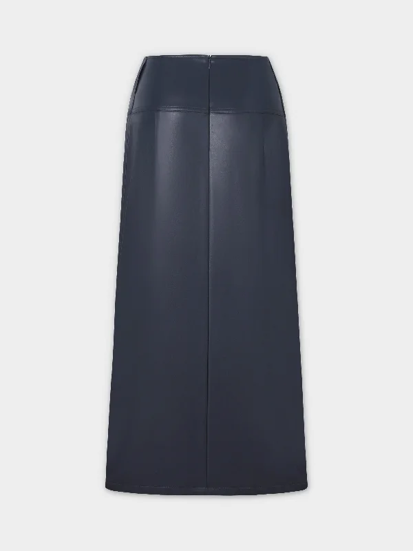 Leather Inverted Pleat Skirt-Navy