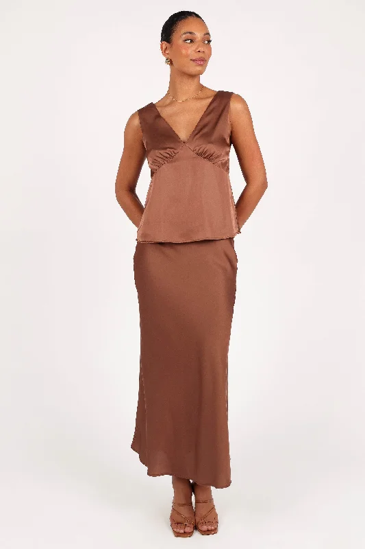 Nellie Satin Midi Skirt - Banksia Brown