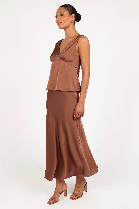 Nellie Satin Midi Skirt - Banksia Brown