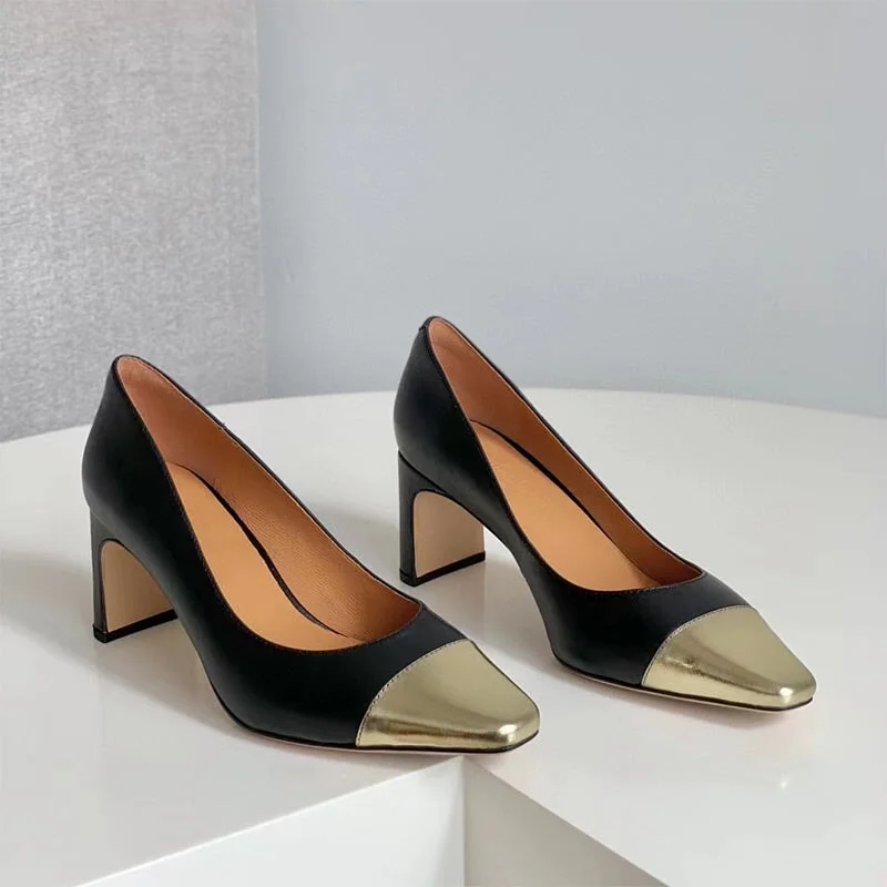 Comfy and stylish women's shoes for everyday comfortBlock Heeled Slip-On Pumps Leather Square Toe Office Shoes Color Blocking in Black/Nude Comfy and stylish women's shoes for everyday comfortBlock Heeled Slip-On Pumps Leather Square Toe Office Shoes Color Blocking in Black/Nude