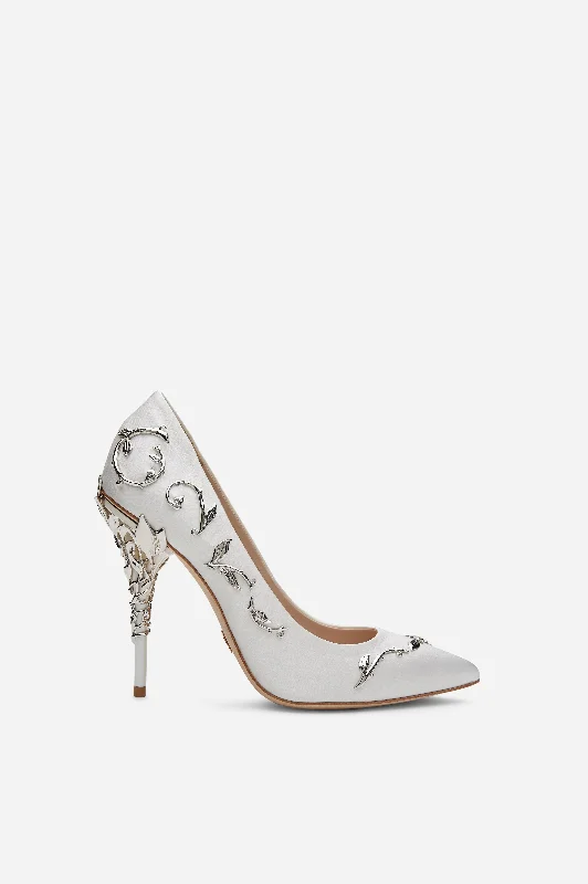 Stylish and elegant women's shoes for weddingsWhite Satin Eden Pumps with Silver Leaves