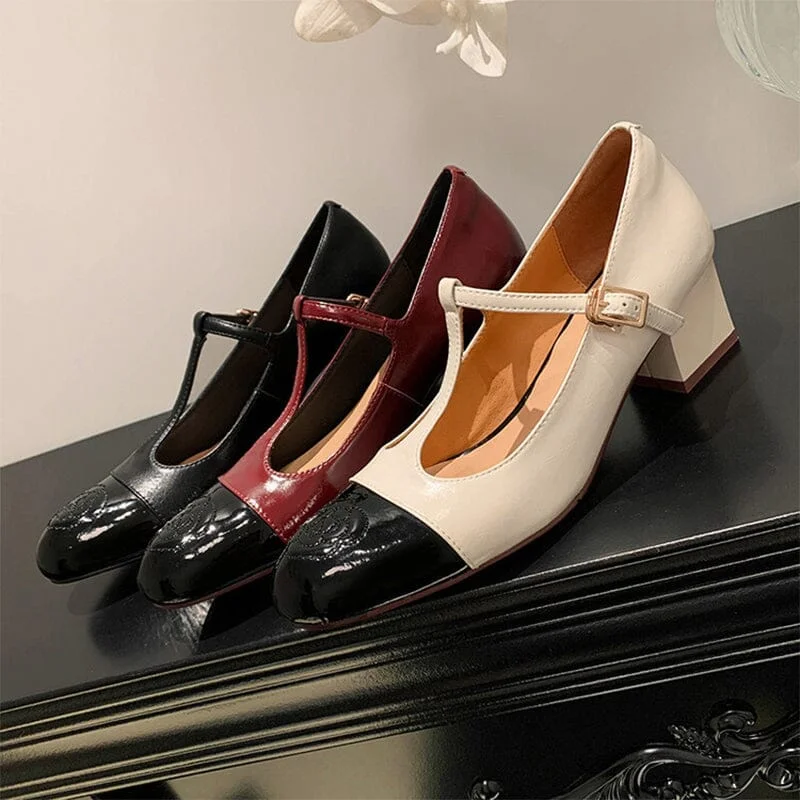 Stylish and supportive women's shoes for high archesLeather Mary Jane T-strap Shoes in Black/Red/White