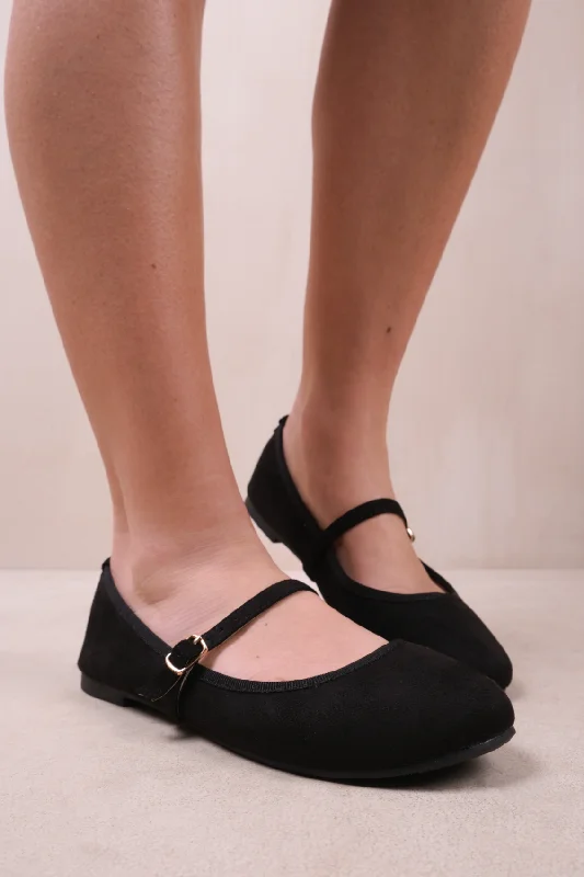 Stunning and glamorous women's shoes for evenings outJOSIE BALLERINA FLATS WITH STRAP DETAIL IN BLACK SUEDE