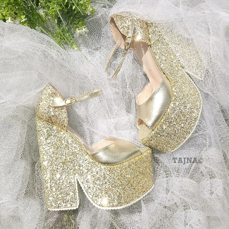 Warm and cozy women's shoes for winterAnkle Strap Gold Shimmer Platform Wedge Sandals