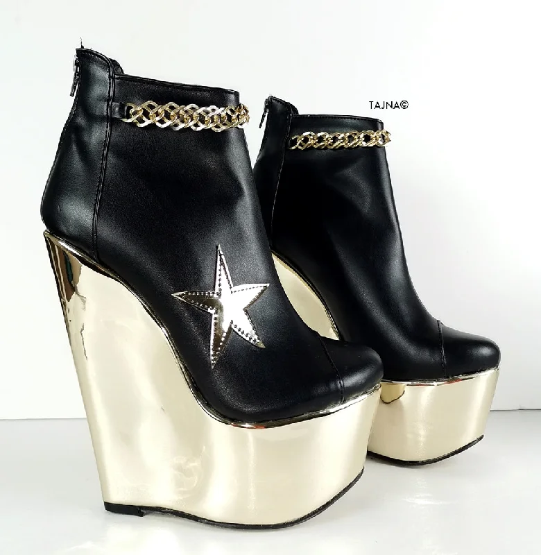 Elegantly stylish women's shoesBlack Gold Star Detail Ankle Wedges