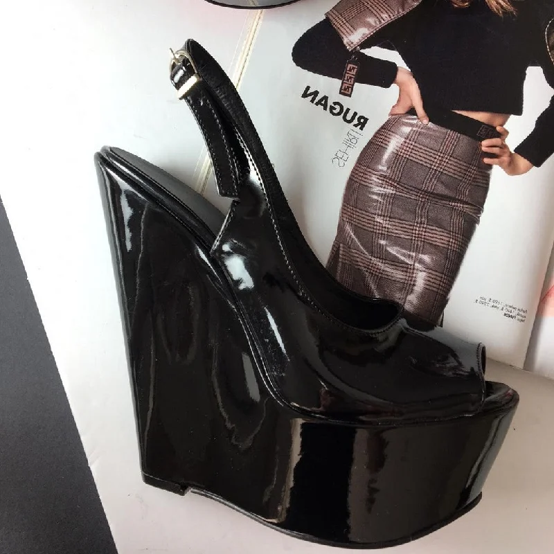 Comfortable yet fashionable women's shoesBlack Patent Peep Toe Wedges