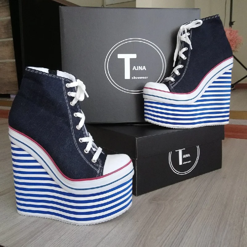 Durable and reliable women's shoesDenim Lace Up Sport Platforms Jean Blue Wedge Shoes