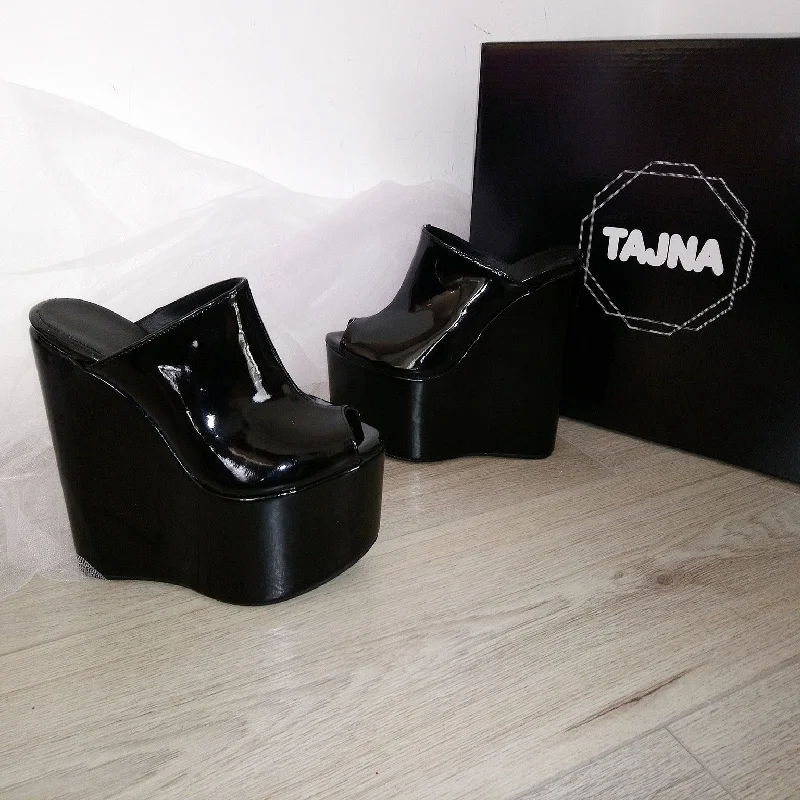 Comfy and stylish women's shoes for lounging around the houseBlack Patent Leather Peep Toe High Heel Wedge Mules