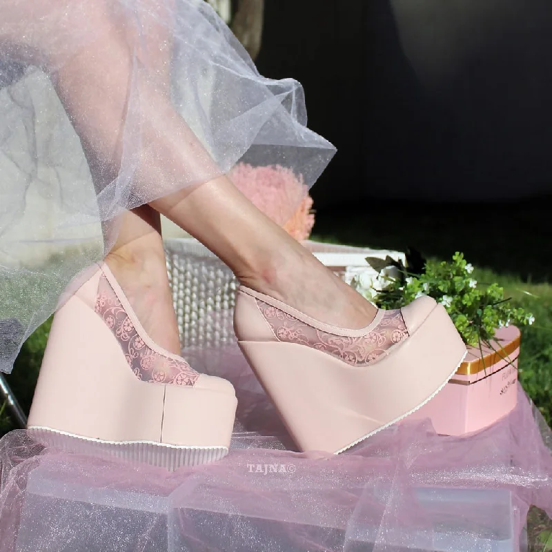 Luxurious and comfortable women's shoe options for special occasionsLace Pink Powder High Heel Wedge Shoes
