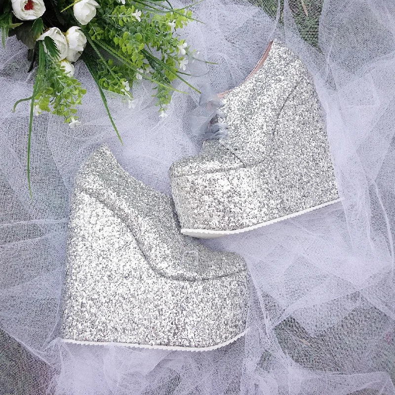 Flattering and stylish women's shoes for petite feetLace Up Silver Shimmer Platform Wedge Shoes Flattering and stylish women's shoes for petite feetLace Up Silver Shimmer Platform Wedge Shoes