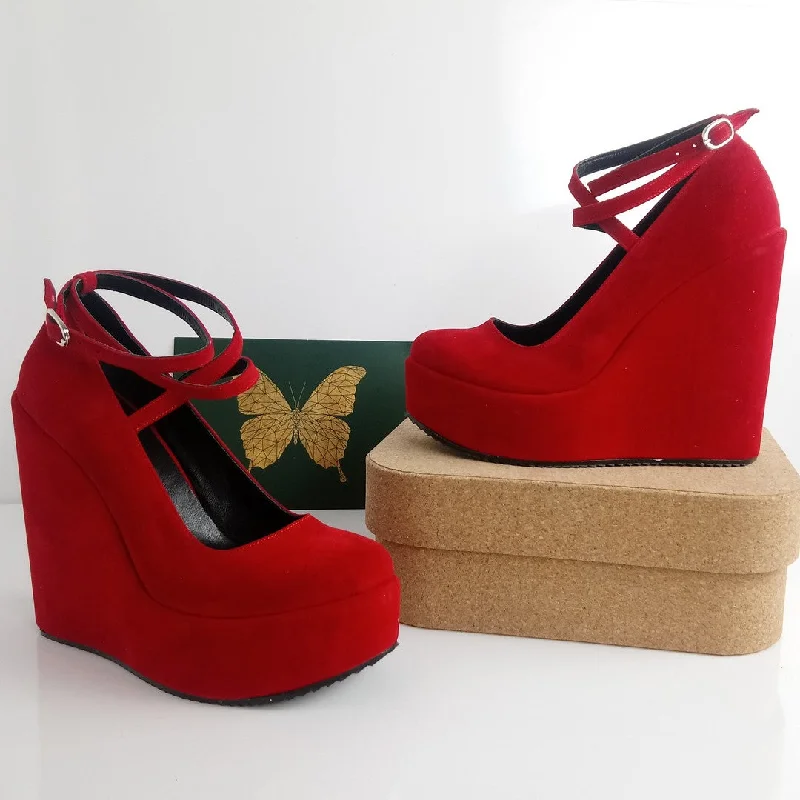 Elegant and sophisticated women's shoes for red carpet eventsRed Suede Cross Strap Wedge Shoes