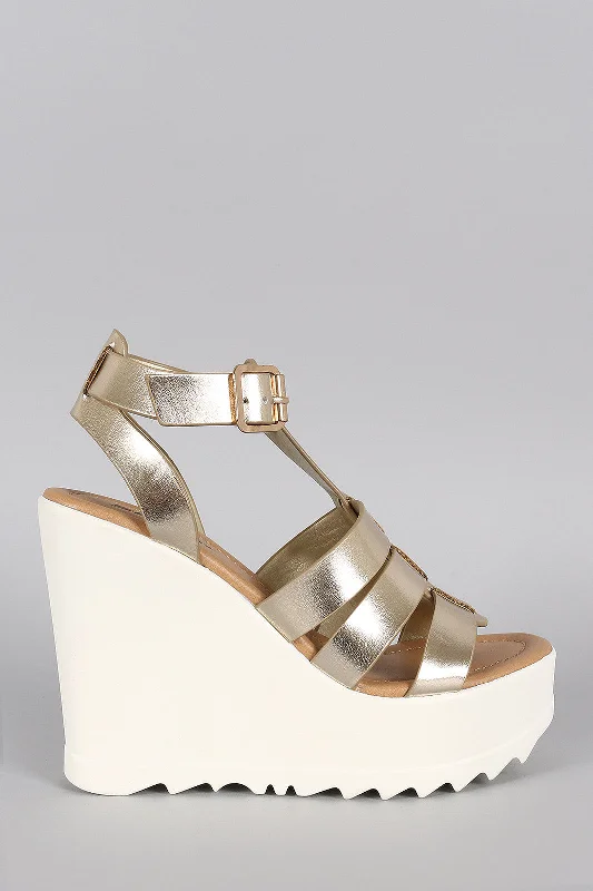 Stylish and supportive women's shoes for plantar fasciitisSoda Metallic Strappy Lug Sole Platform Wedge Stylish and supportive women's shoes for plantar fasciitisSoda Metallic Strappy Lug Sole Platform Wedge