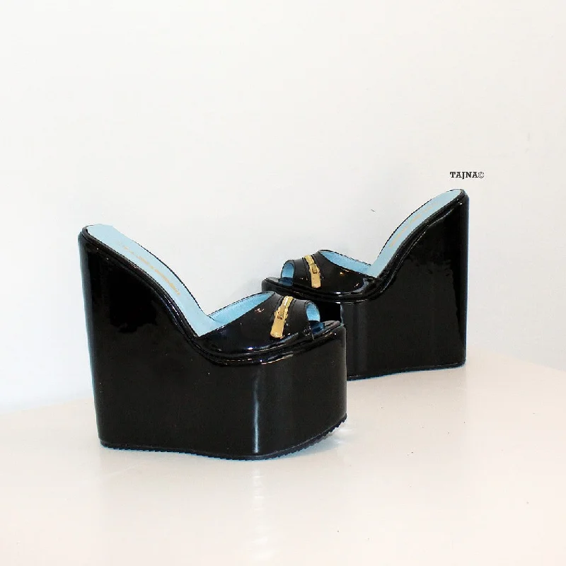 Chic and stylish women's shoes for garden partiesZipper Detail Black PLatform Mules